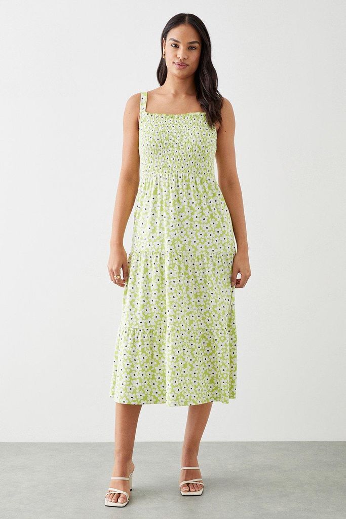 Womens Lime Floral Shirred Tiered Strappy Midi Dress
