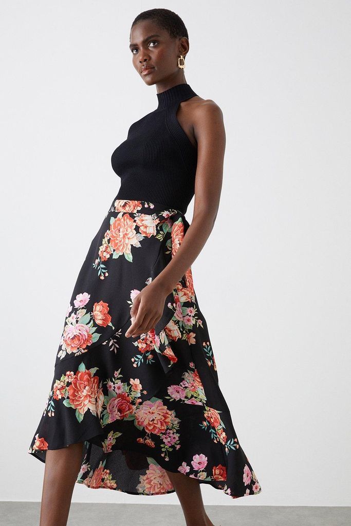 Womens Floral Frill Wrap Midi Skirt