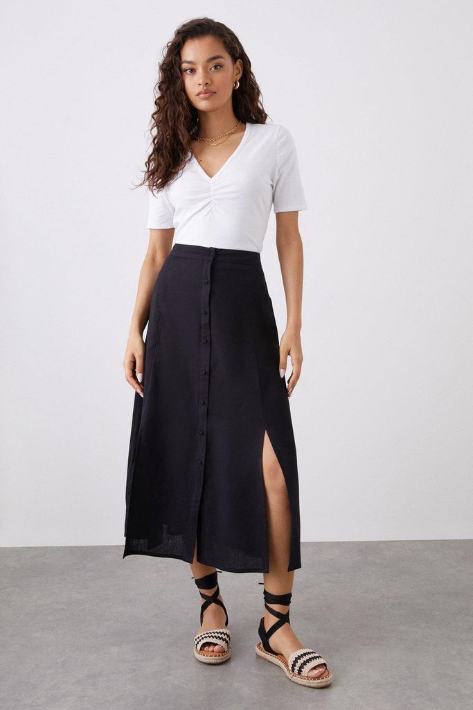 Womens Petite Black Button Through Midi Skirt