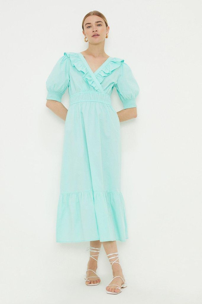 Womens Aqua Poplin Ruffle Midi Dress