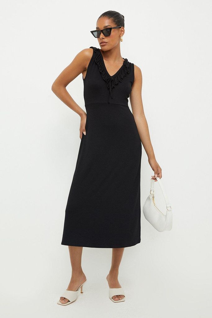 Womens Black Ruffle V Neck Midi Dress