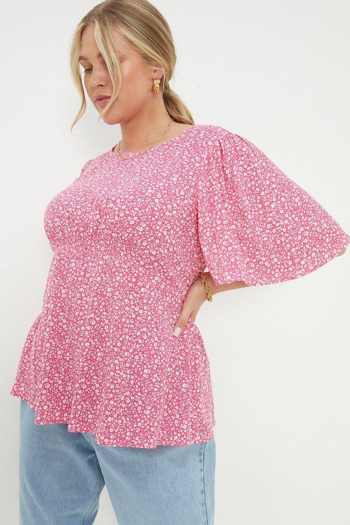 Womens Curve Pink Floral Crinkle Angel Sleeve Blouse