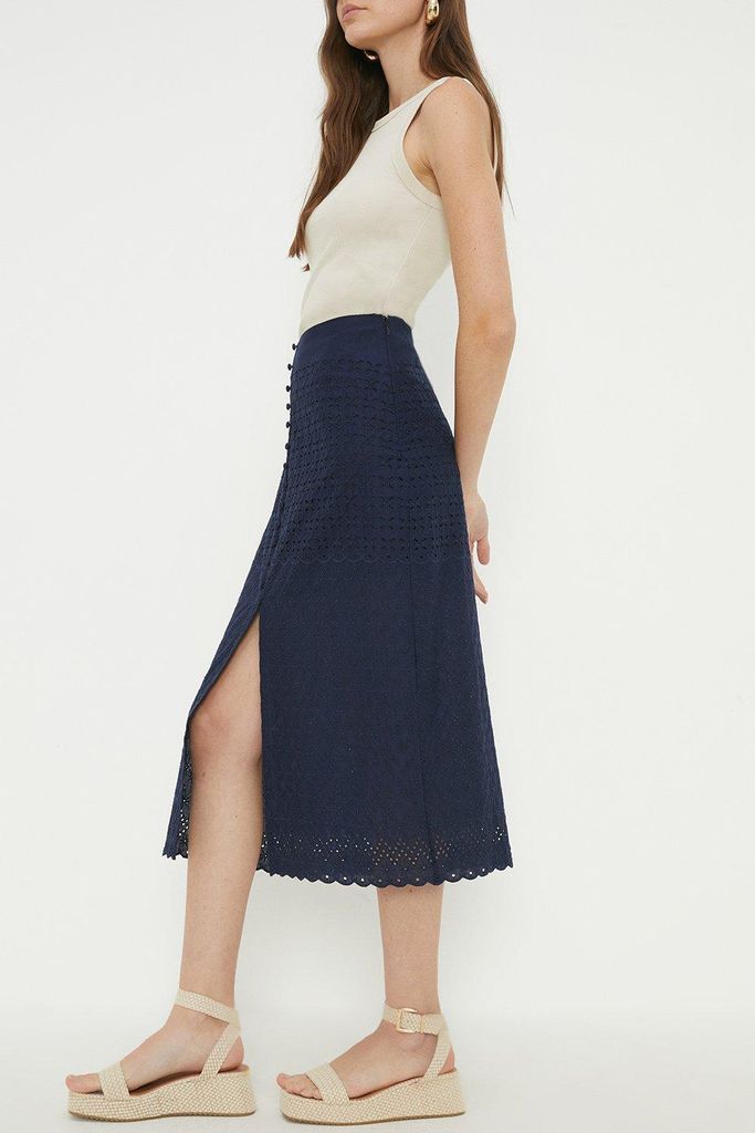Womens Navy Broderie Button Front Midi Skirt