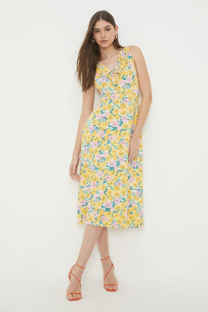 Womens Floral Ruffle V Neck Midi Dress