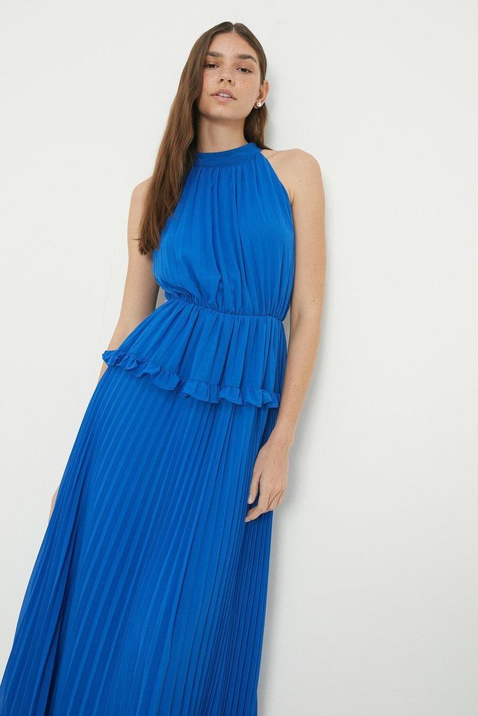 Womens Cobalt Chiffon Pleated Halter Maxi Dress