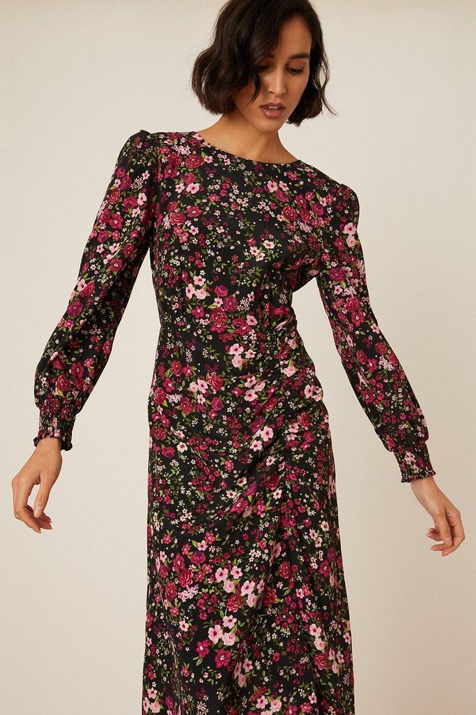 Womens Tall Ditsy Floral Ruched Skirt Midi Dress