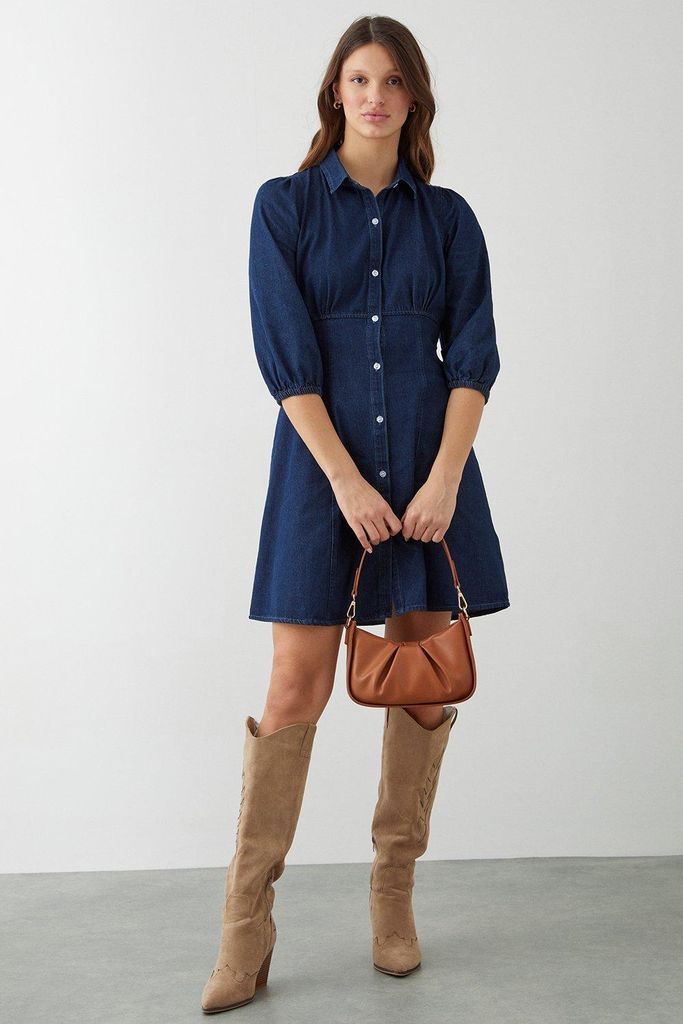 Womens Puff Sleeve Soft Denim Dress