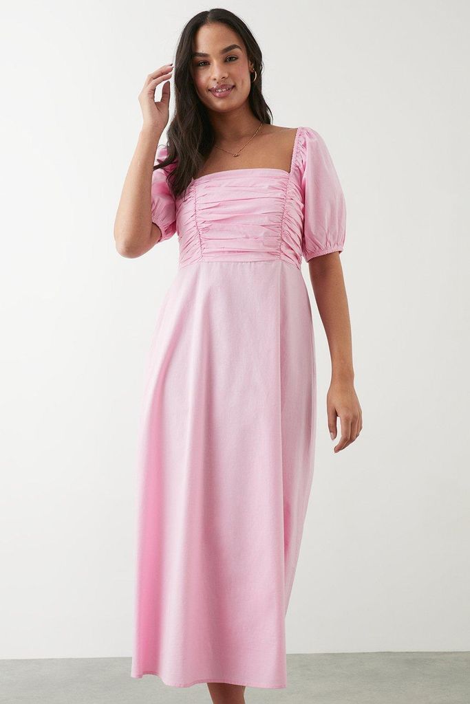 Womens Pink Ruched Bust Poplin Midi Dress