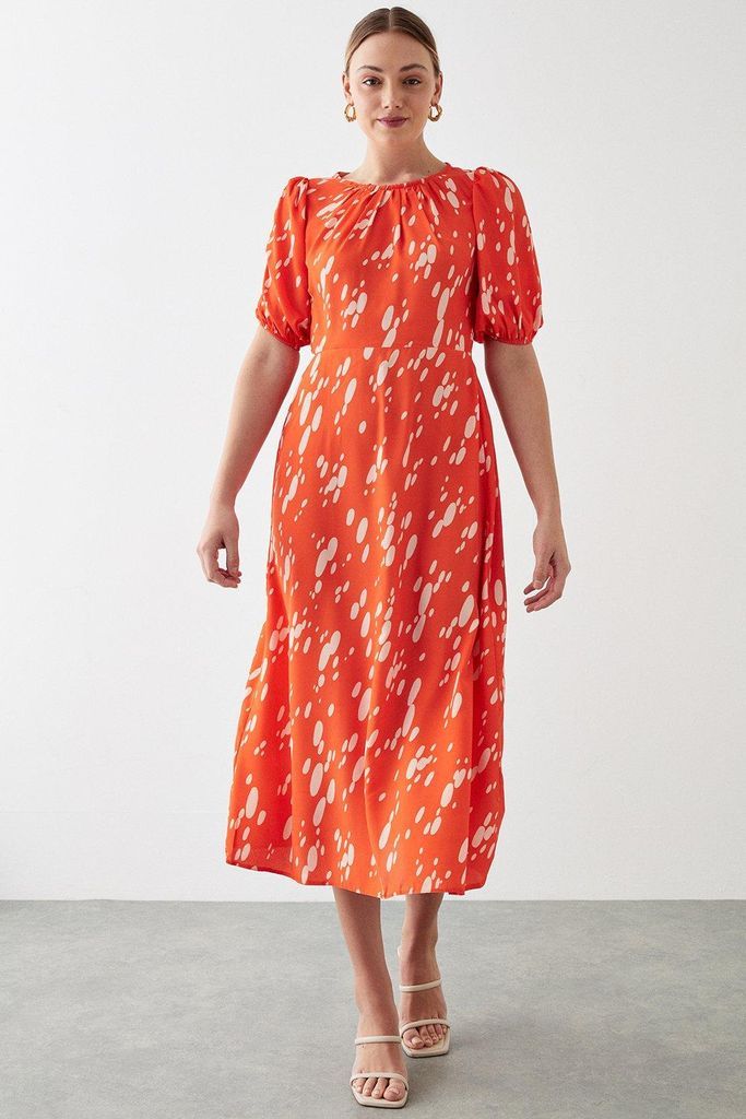 Womens Tall Red Spot Print Puff Sleeve Midi Dress