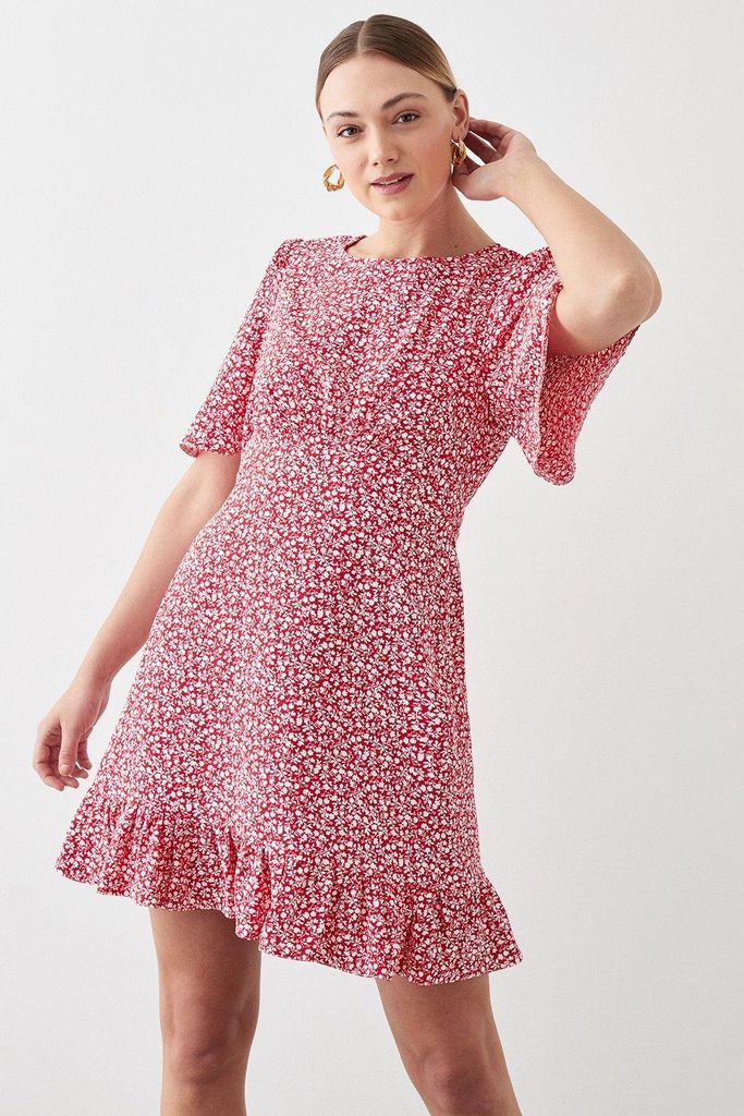 Womens Red Ditsy Print Flutter Sleeve Mini Dress