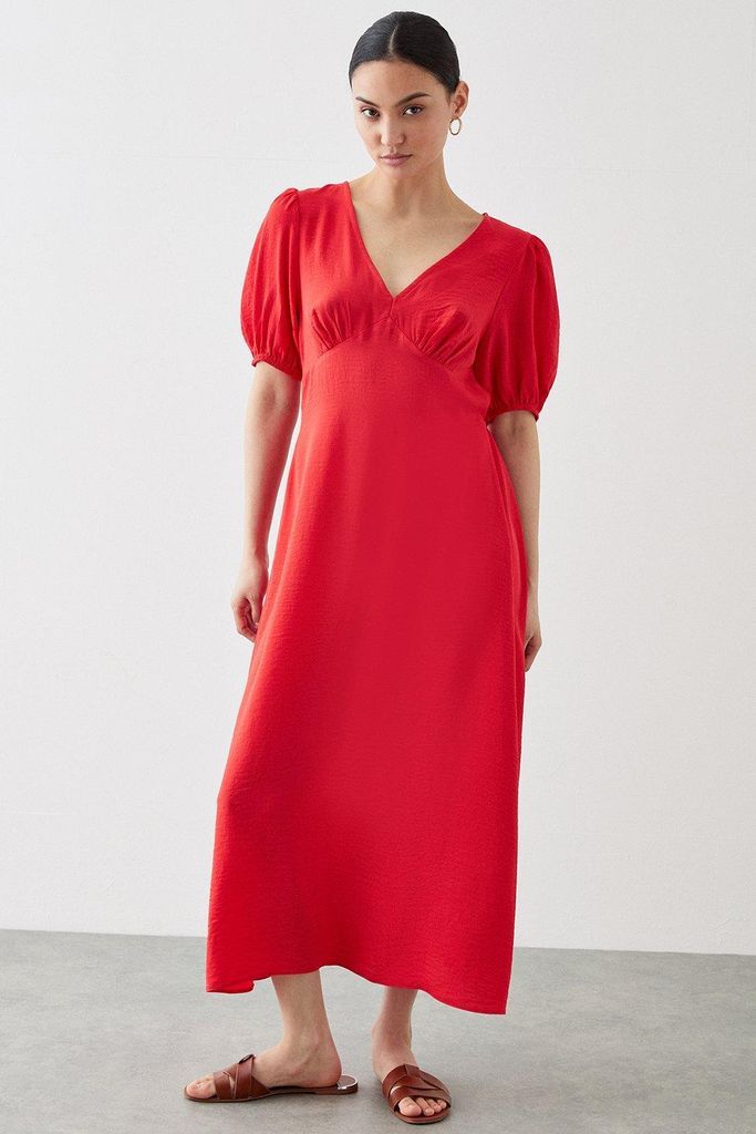 Womens Petite Red Puff Sleeve Midi Dress