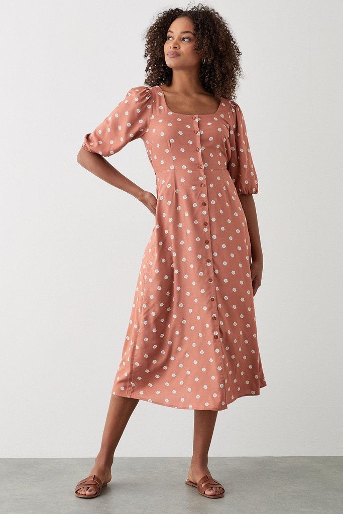 Womens Pink Ditsy Print Button Through Puff Sleeve Midi Dress