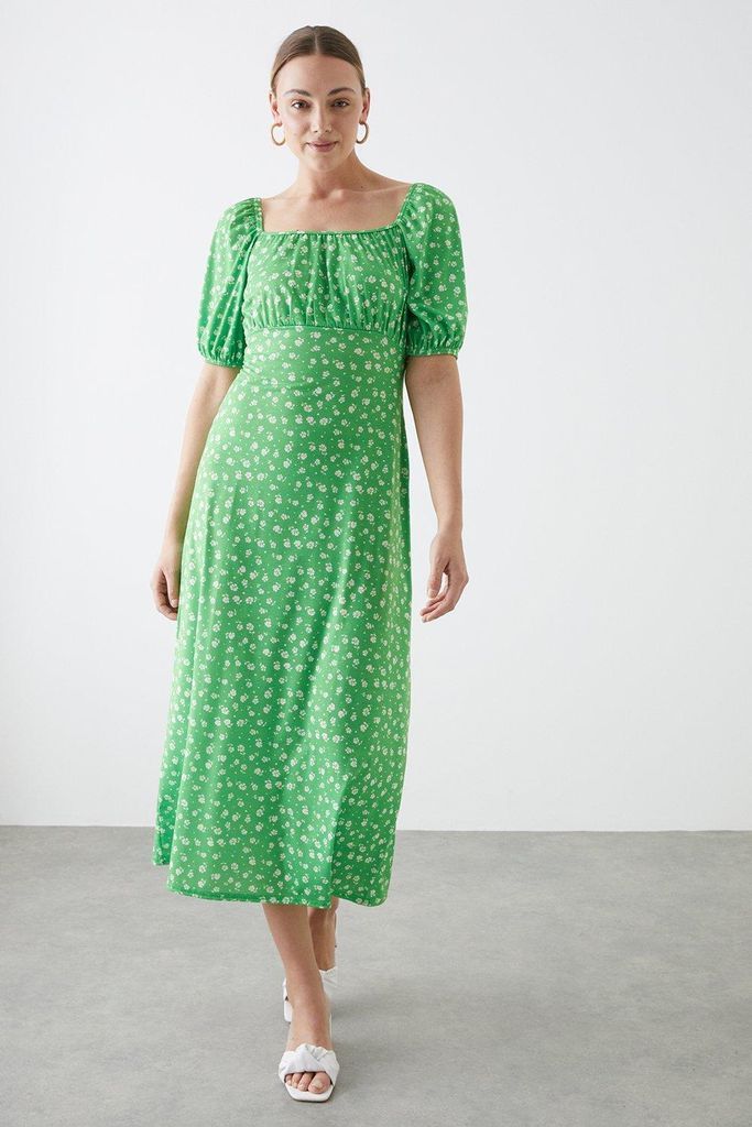 Womens Tall Green Floral Short Sleeve Midi Dress