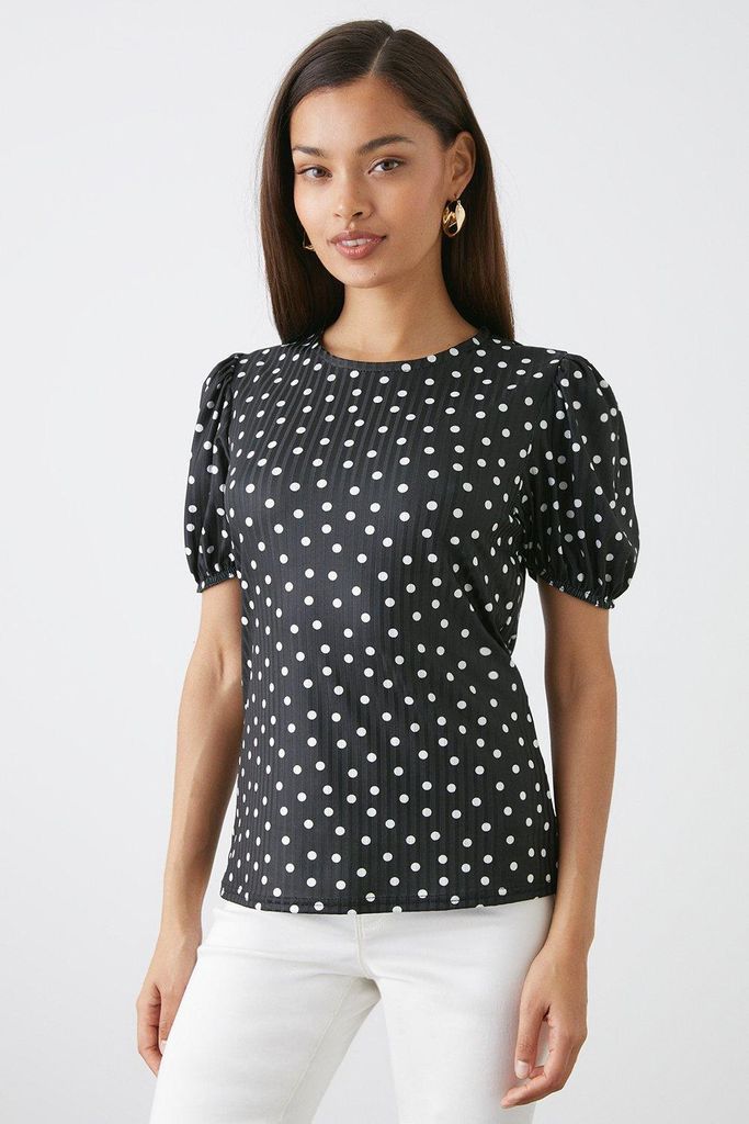 Womens Petite Rib Puff Sleeve Fitted Top