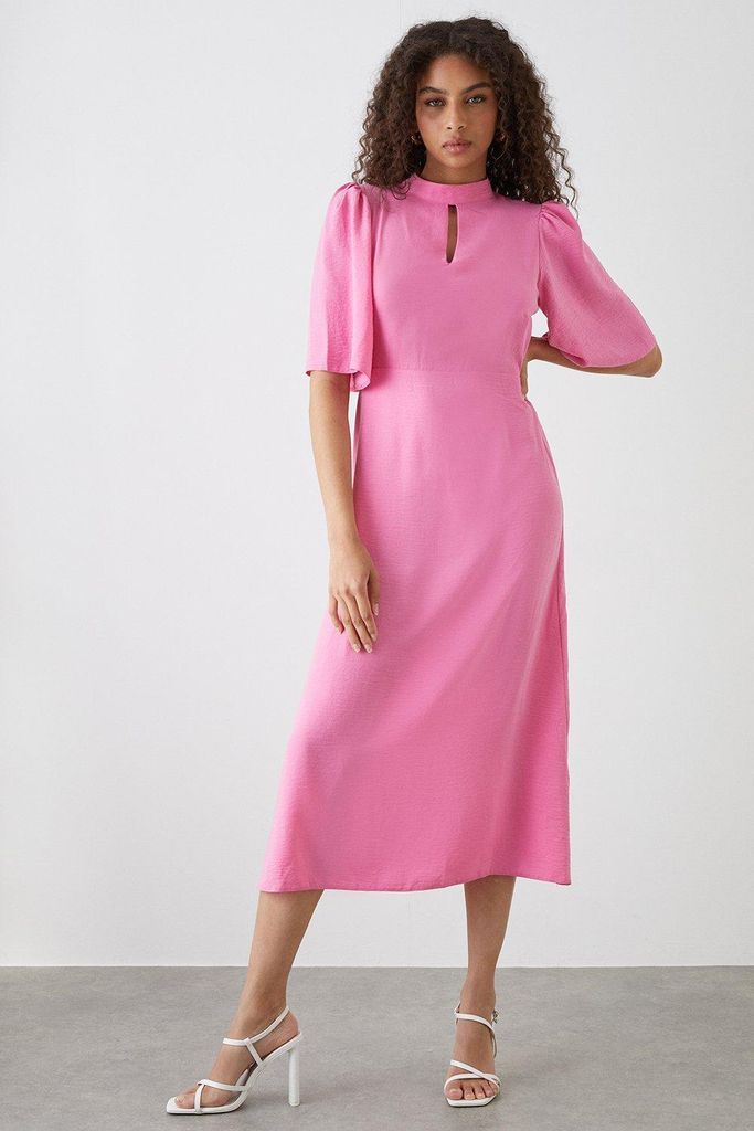 Womens Pink Flutter Sleeve Key Hole Midi Dress