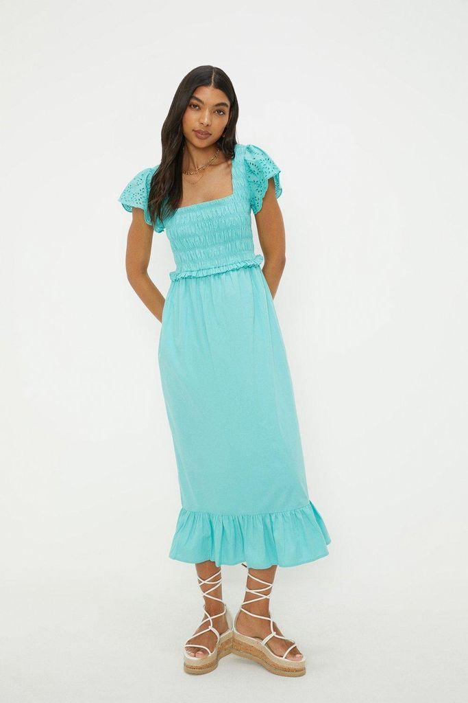 Womens Turquoise Broderie Sleeve Shirred Midi Dress