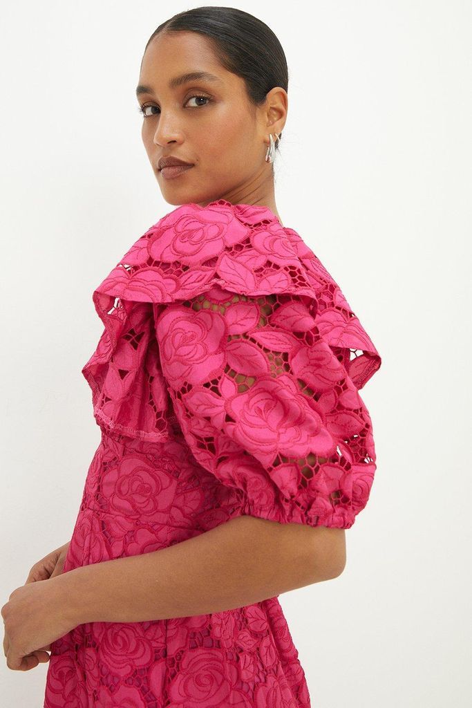 Womens Pink Frill Cutwork Midi Dress