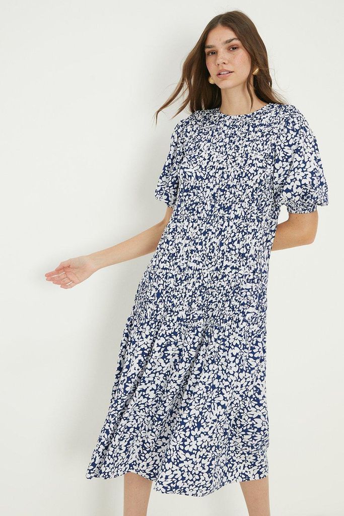 Womens Navy Abstract Printed Shirred Waist Midi Dress