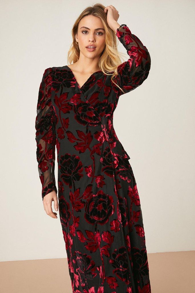 Womens Red Burnout Floral Wrap Midi Dress