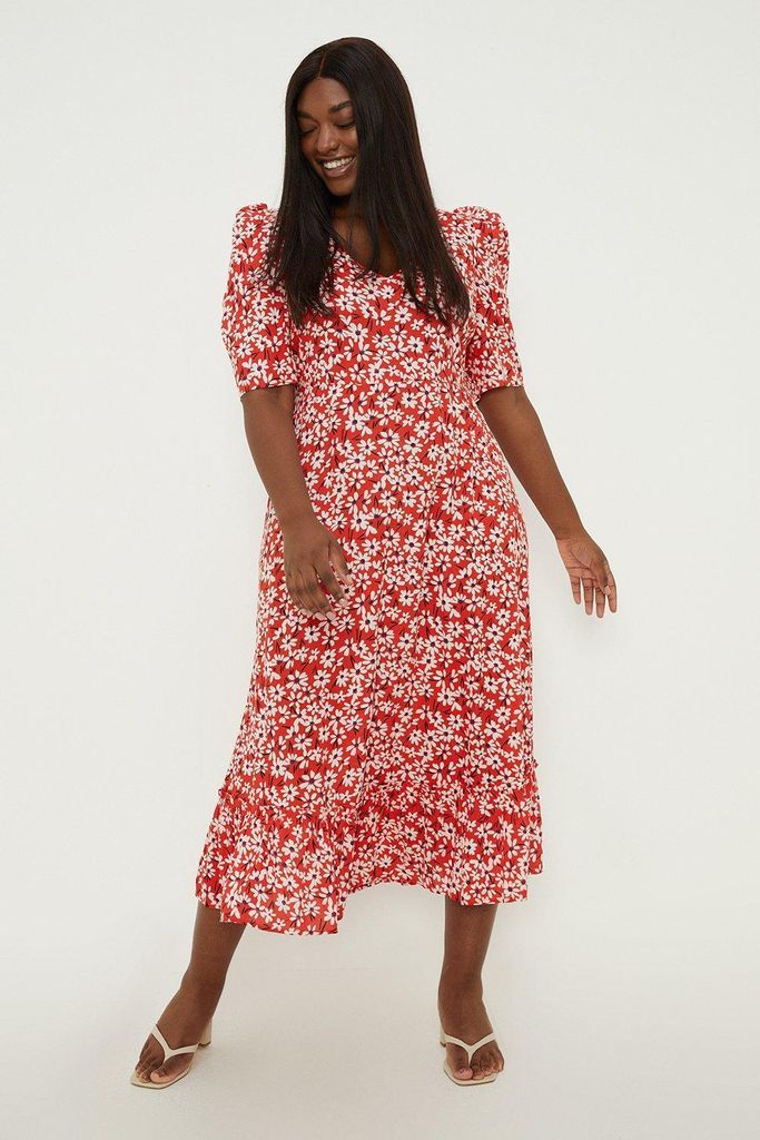 Womens Curve Red Floral Tiered Short Sleeve Midi Dress