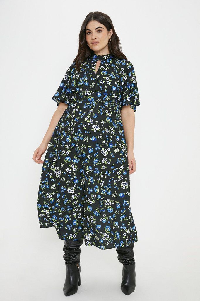 Womens Curve Mono Floral Keyhole Angel Sleeve Midi Dress