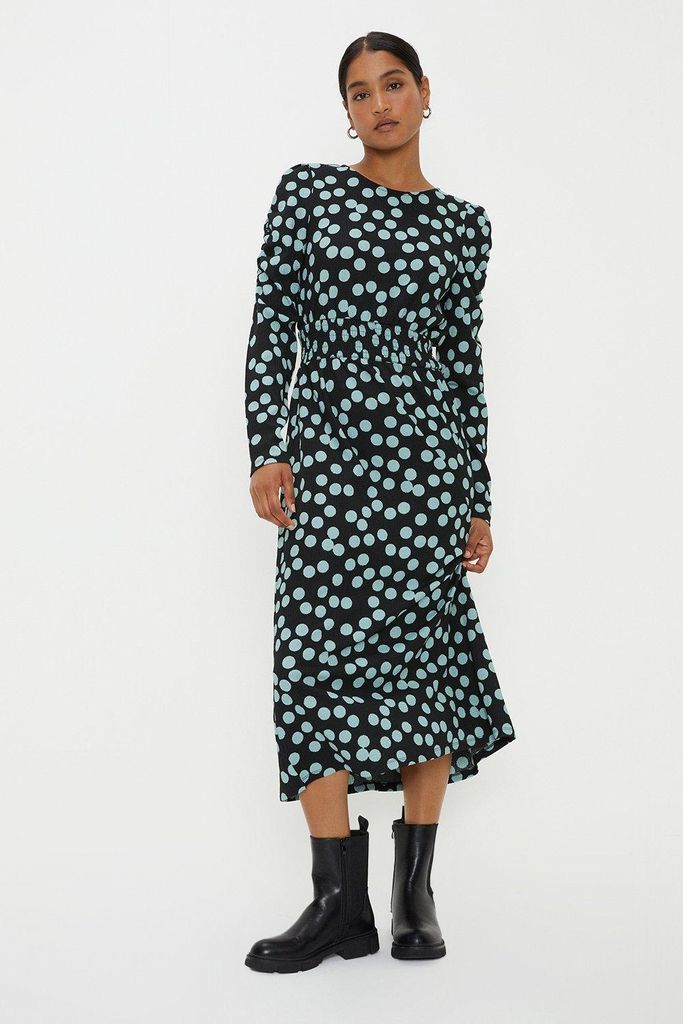 Womens Spot Shirred Waist Long Sleeve Midi Dress