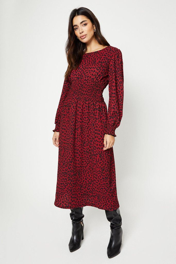 Womens Berry Leopard Shirred Waist Midi Dress