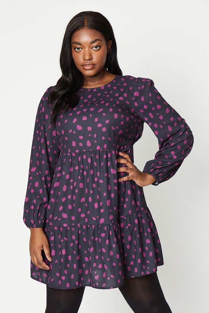 Womens Curve Spot Tiered Long Sleeve Mini Dress