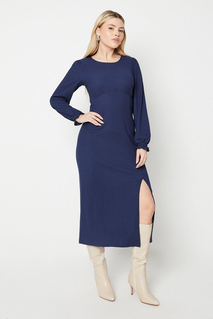 Womens Navy Shirred Cuff Side Split Midi Dress