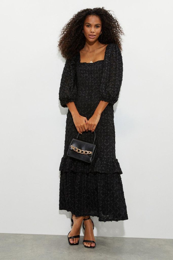 Womens Black Textured Lace Midi Dress