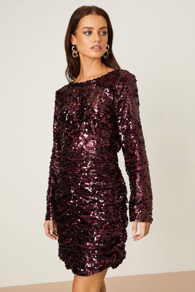 Womens Petite Berry Ruched Sequin Mini Dress