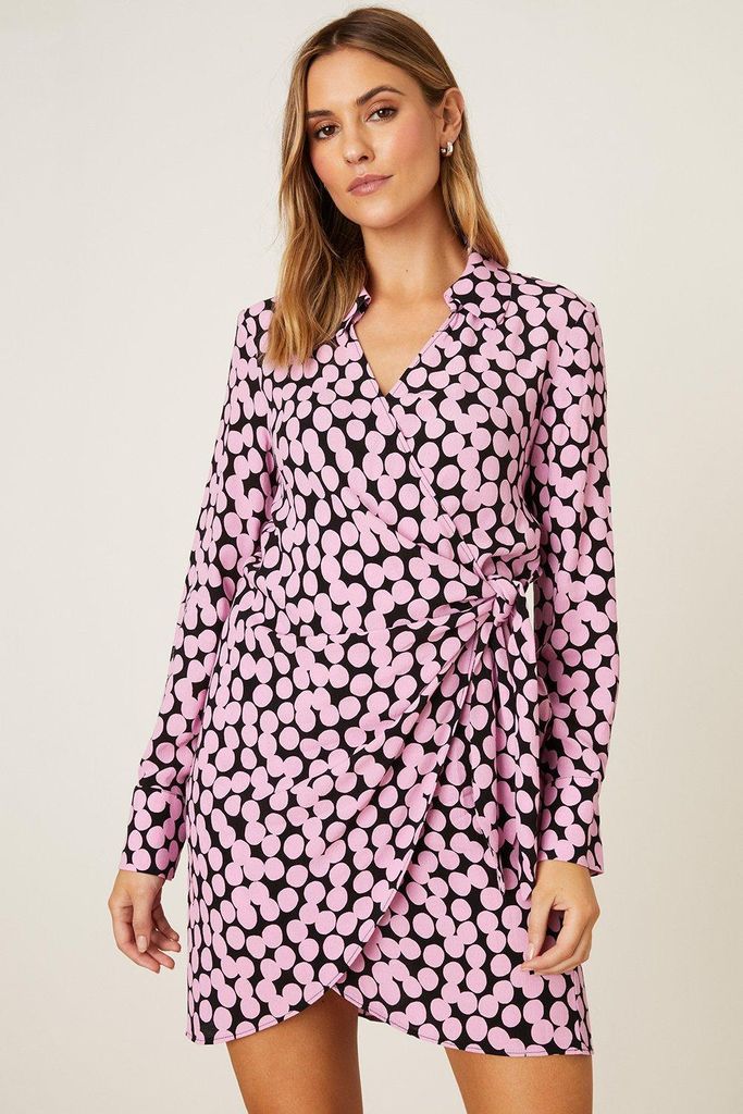 Womens Petite Pink Spot Print Collar Wrap Mini Dress