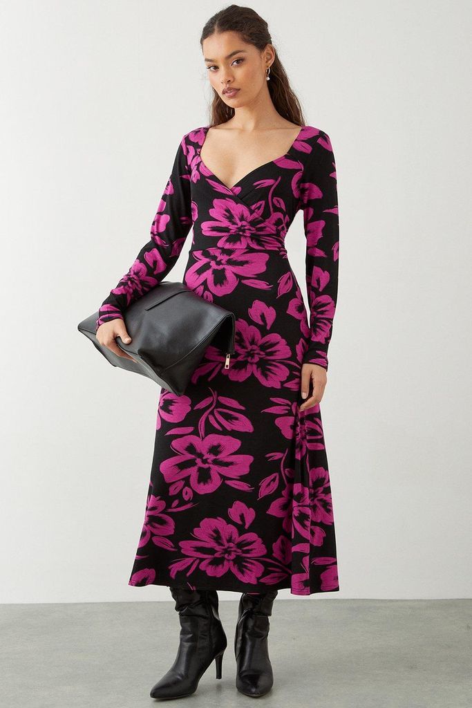 Womens Petite Pink Floral Print Wrap Midi Dress