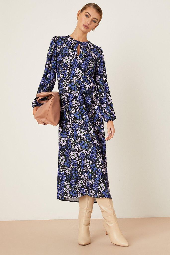 Womens Petite Blue Floral Keyhole Midi Dress