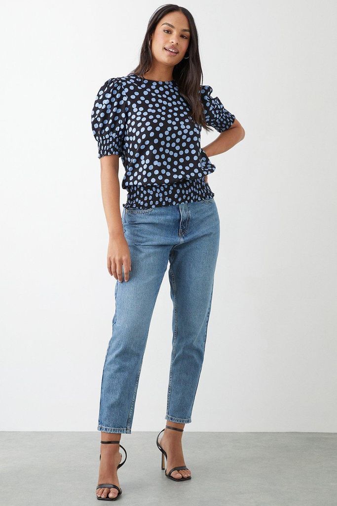 Womens Blue Spot Shirred Hem Blouse