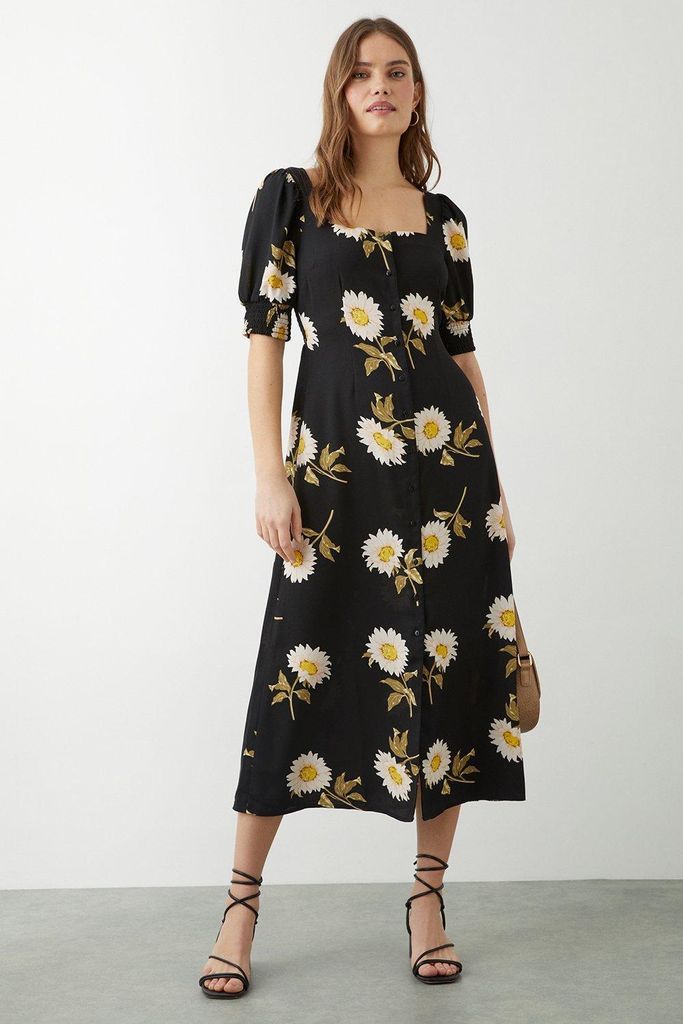 Womens Black Large Floral Button Through Midi Dress