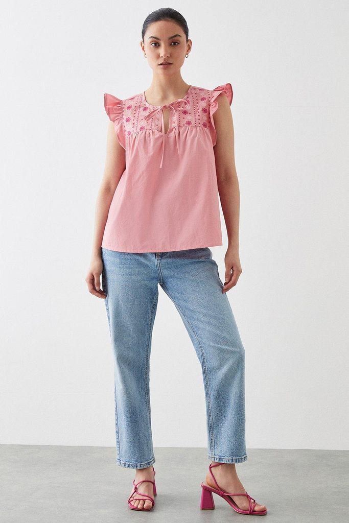 Womens Petite Pink Embroidered Poplin Shell Blouse