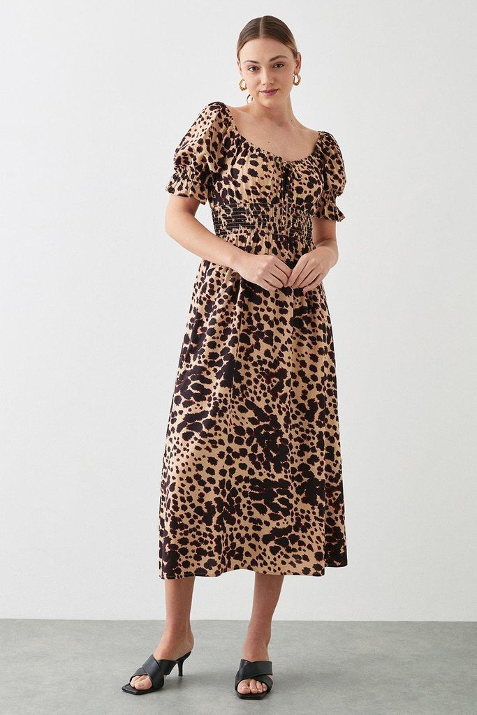 Womens Animal Printed Shirred Waist Midi Dress