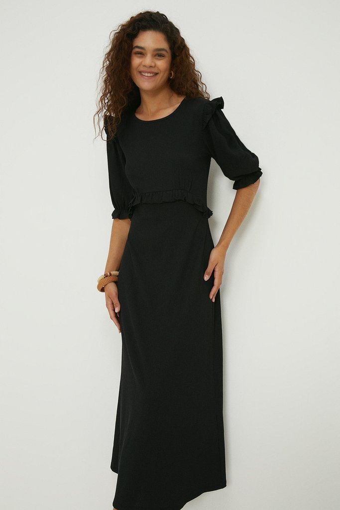 Womens Tall Black Ruffle Shoulder Midi Dress