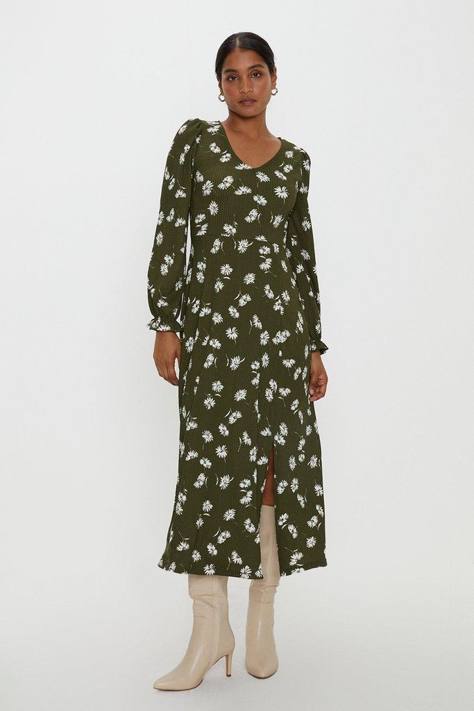 Womens Khaki Floral Long Sleeve V Neck Midi Dress