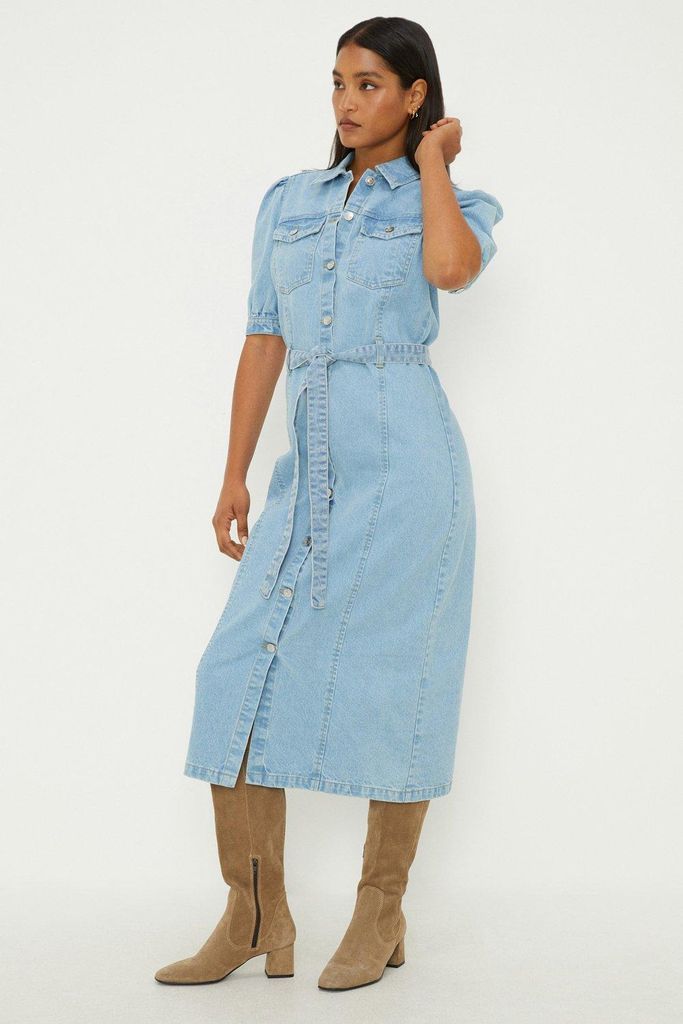 Womens Denim Belted Midi Shirt Dress