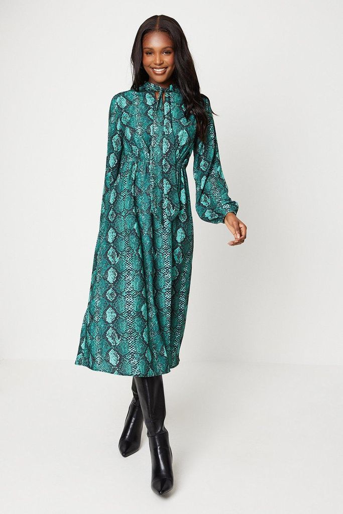 Womens Green Snake High Neck Midi Dress