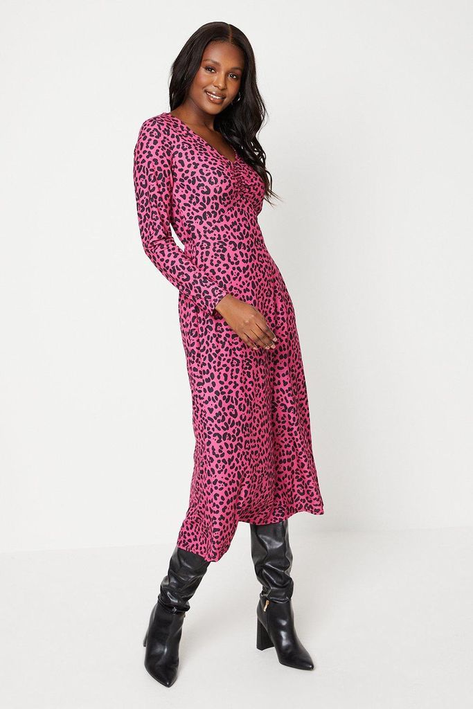 Womens Pink Leopard Ruched Front Midi Dress