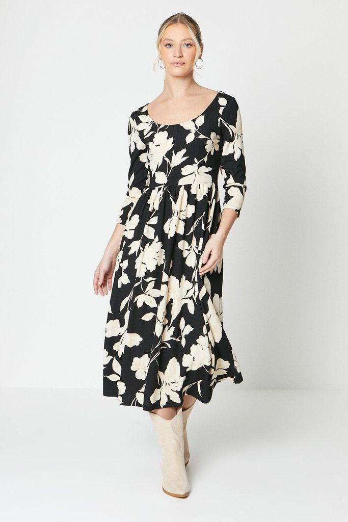 Womens Floral Scoop Neck ¾ Sleeve Midi Dress