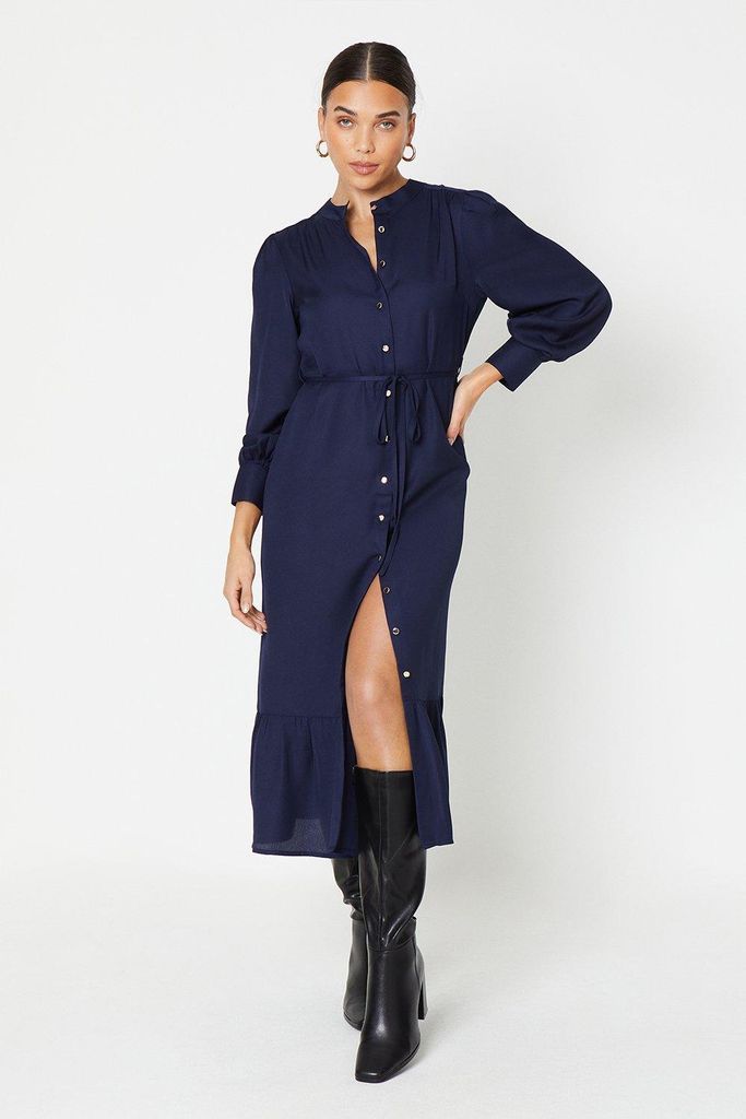 Womens Petite Navy Frill Hem Midi Shirt Dress