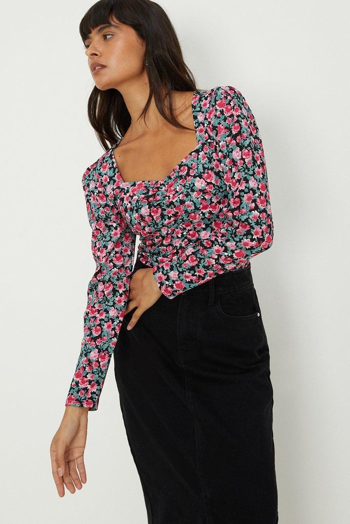 Womens Floral Sweetheart Ruched Body Long Sleeve Top
