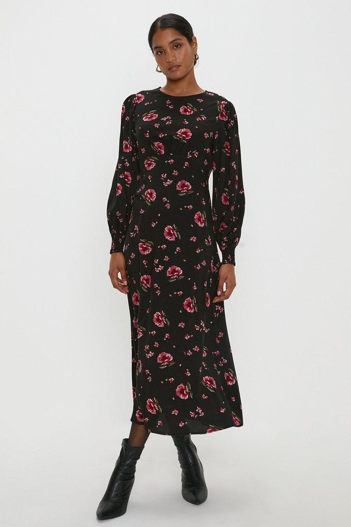 Womens Floral Long Sleeve Shirred Cuff Midi Dress