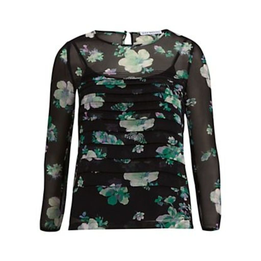 Floral Chiffon Pleated Top, Black/Green