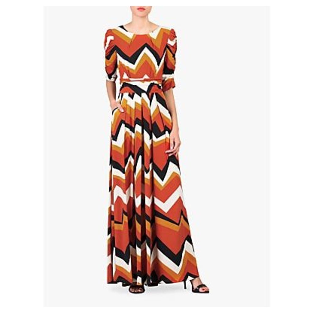 Geometric Print Ruched Sleeve Maxi Dress, Red Wave