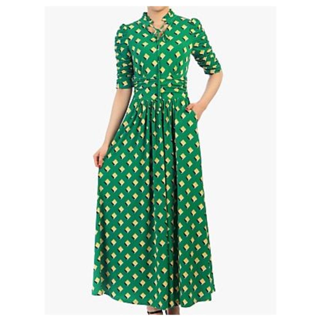 Geo Print Tie Collar Half Sleeve Maxi Dress, Green/Multi